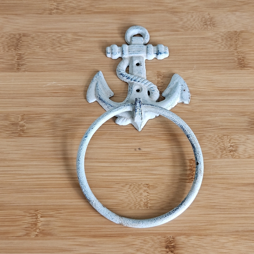 White Distressed Anchor Towel Ring - Nautical Wall Decor
